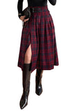 Pink Queen Plaid Skirts for Women with Slit Vintage Buckle Belt Pleated Elastic High Waist A Line Midi Skirts for Women
