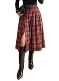 Pink Queen Plaid Skirts for Women with Slit Vintage Buckle Belt Pleated Elastic High Waist A Line Midi Skirts for Women