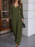 Pink Queen Elegant Jumpsuits for Women Dressy Patchwork Chiffon Sleeve V Neck Wide Leg Romper Holiday Party Outfits