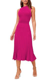 Pink Queen Women's Sleeveless Midi Dresses High Waisted Pleated Ribbed Knit Swing Long Dresses Casual Party Outfits