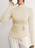 Pink Queen Women's Chic Long Sleeve Top with Ruched Waist & Metal Ring Decor Mock Neck Slim Fit Going Out Tees