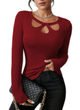 Pink Queen Sexy Tops for Women Fall Clothes Long Sleeve Cutout Keyhole Neck Top Ribbed Knit Shirts