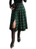 Pink Queen Plaid Skirts for Women with Slit Vintage Buckle Belt Pleated Elastic High Waist A Line Midi Skirts for Women