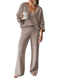 Pink Queen Women's 2 Piece Sweater Set V Neck Long Sleeve Knit Top Wide Leg Pants Loungewear Fall Winter Pajama Casual Outfit