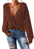 Pink Queen Women's 2025 Casual Pullover Sweaters Sexy V Neck Long Sleeve Twist Knot Cropped Knit Sweater Tops