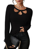 Pink Queen Sexy Tops for Women Fall Clothes Long Sleeve Cutout Keyhole Neck Top Ribbed Knit Shirts
