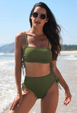 Pink Queen Women's 2 Piece High Waisted Bikini Sets Ribbed Bandeau Ruched Drawstring Swimsuit Bathing Suit