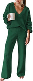Pink Queen Women's 2 Piece Sweater Set V Neck Long Sleeve Knit Top Wide Leg Pants Loungewear Fall Winter Pajama Casual Outfit