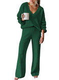 Pink Queen Women's 2 Piece Sweater Set V Neck Long Sleeve Knit Top Wide Leg Pants Loungewear Fall Winter Pajama Casual Outfit