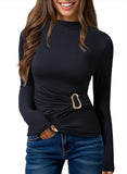Pink Queen Women's Chic Long Sleeve Top with Ruched Waist & Metal Ring Decor Mock Neck Slim Fit Going Out Tees