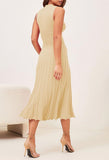 Pink Queen Women's Sleeveless Midi Dresses High Waisted Pleated Ribbed Knit Swing Long Dresses Casual Party Outfits