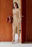 Pink Queen Women's Crew Neck Long Sleeve Midi Dress Cutout Twist Front Bodycon Slit Pencil Ribbed Knit Fall Dresses
