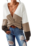 Pink Queen Women's 2025 Casual Pullover Sweaters Sexy V Neck Long Sleeve Twist Knot Cropped Knit Sweater Tops