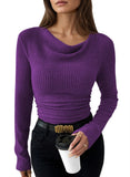 Pink Queen 2026 Fall Tops for Women Trendy Long Sleeve Cowl Neck Ruched Slim Fit Ribbed Knit Basic Shirts