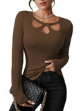 Pink Queen Sexy Tops for Women Fall Clothes Long Sleeve Cutout Keyhole Neck Top Ribbed Knit Shirts