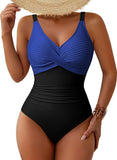 Pink Queen Women One Piece Swimsuit 2026 Patchwork Twist Front V Neck Ruched Tummy Control Swimwear Bathing Suits