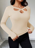 Pink Queen Sexy Tops for Women Fall Clothes Long Sleeve Cutout Keyhole Neck Top Ribbed Knit Shirts