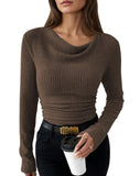 Pink Queen 2026 Fall Tops for Women Trendy Long Sleeve Cowl Neck Ruched Slim Fit Ribbed Knit Basic Shirts