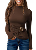 Pink Queen Women's Chic Long Sleeve Top with Ruched Waist & Metal Ring Decor Mock Neck Slim Fit Going Out Tees