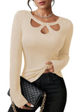 Pink Queen Sexy Tops for Women Fall Clothes Long Sleeve Cutout Keyhole Neck Top Ribbed Knit Shirts