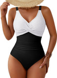 Pink Queen Women One Piece Swimsuit 2026 Patchwork Twist Front V Neck Ruched Tummy Control Swimwear Bathing Suits