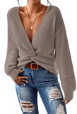 Pink Queen Women's 2025 Casual Pullover Sweaters Sexy V Neck Long Sleeve Twist Knot Cropped Knit Sweater Tops