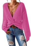 Pink Queen Women's 2025 Casual Pullover Sweaters Sexy V Neck Long Sleeve Twist Knot Cropped Knit Sweater Tops