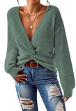 Pink Queen Women's 2025 Casual Pullover Sweaters Sexy V Neck Long Sleeve Twist Knot Cropped Knit Sweater Tops
