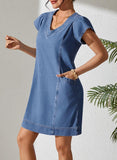 Pink Queen Womens Denim Dress Summer V Neck Short Sleeve Loose Casual Jean Dresses with Pockets