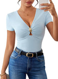 Pink Queen Women Summer Tops Stylish Deep V-Neck Short Sleeve Shirt with Metal Ring Decor