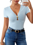 Pink Queen Women Summer Tops Stylish Deep V-Neck Short Sleeve Shirt with Metal Ring Decor