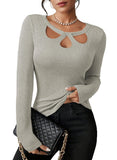 Pink Queen Sexy Tops for Women Fall Clothes Long Sleeve Cutout Keyhole Neck Top Ribbed Knit Shirts