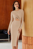 Pink Queen Women's Crew Neck Long Sleeve Midi Dress Cutout Twist Front Bodycon Slit Pencil Ribbed Knit Fall Dresses