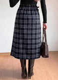 Pink Queen Plaid Skirts for Women with Slit Vintage Buckle Belt Pleated Elastic High Waist A Line Midi Skirts for Women