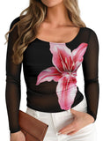 Pink Queen Mesh Tops for Women Long Sleeve Floral See Through Slim Fit Stretchy Casual Going Out Shirts
