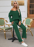 Pink Queen Women's 2 Piece Sweater Set V Neck Long Sleeve Knit Top Wide Leg Pants Loungewear Fall Winter Pajama Casual Outfit