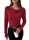 Pink Queen 2026 Fall Tops for Women Trendy Long Sleeve Cowl Neck Ruched Slim Fit Ribbed Knit Basic Shirts