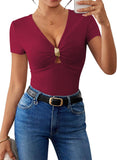 Pink Queen Women Summer Tops Stylish Deep V-Neck Short Sleeve Shirt with Metal Ring Decor