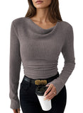 Pink Queen 2026 Fall Tops for Women Trendy Long Sleeve Cowl Neck Ruched Slim Fit Ribbed Knit Basic Shirts