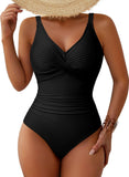 Pink Queen Women One Piece Swimsuit 2026 Patchwork Twist Front V Neck Ruched Tummy Control Swimwear Bathing Suits