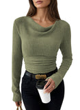 Pink Queen 2026 Fall Tops for Women Trendy Long Sleeve Cowl Neck Ruched Slim Fit Ribbed Knit Basic Shirts