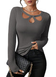 Pink Queen Sexy Tops for Women Fall Clothes Long Sleeve Cutout Keyhole Neck Top Ribbed Knit Shirts