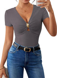 Pink Queen Women Summer Tops Stylish Deep V-Neck Short Sleeve Shirt with Metal Ring Decor