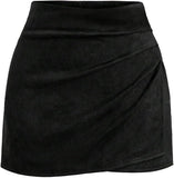Pink Queen High Waist Ruched Faux Leather Suede Wrap Mini Skirts for Women | Bodycon, A Line, High Waisted, Wrap Hem, Ruched, Short Skirt, Fall Winter Outfits, Business Casual, Streetwear, Club, 2026