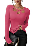 Pink Queen Sexy Tops for Women Fall Clothes Long Sleeve Cutout Keyhole Neck Top Ribbed Knit Shirts