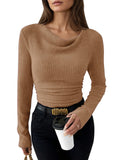 Pink Queen 2026 Fall Tops for Women Trendy Long Sleeve Cowl Neck Ruched Slim Fit Ribbed Knit Basic Shirts