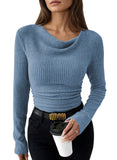 Pink Queen 2026 Fall Tops for Women Trendy Long Sleeve Cowl Neck Ruched Slim Fit Ribbed Knit Basic Shirts