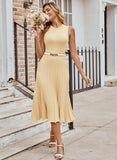 Pink Queen Women's Sleeveless Midi Dresses High Waisted Pleated Ribbed Knit Swing Long Dresses Casual Party Outfits