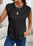 Pink Queen Women's Round Neck Knit Sweater Vest Casual Button Decoration Irregular Hem Tunic Sleeveless Pullover Top