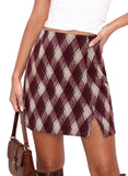 Pink Queen High Waist Plaid Skirts for Women with Pockets A Line Side Slit Elastic Waistband Short Pencil Mini Skirts